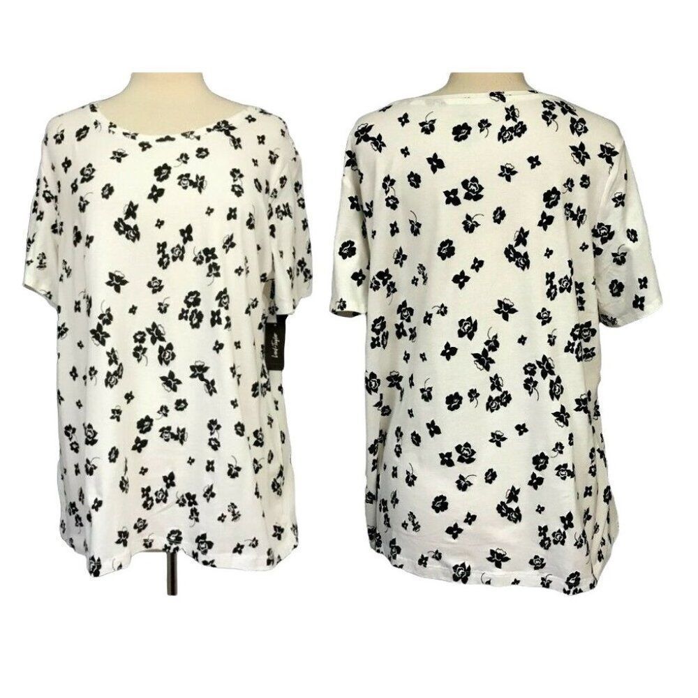 Lord & Taylor Womens Plus 2X White Short Sleeve Tee Top Black Flowers Cotton NEW